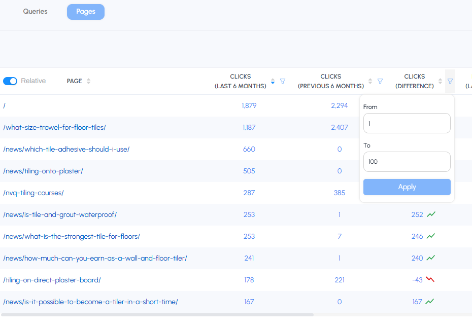 SEO Stack advanced filtering options for comparison data